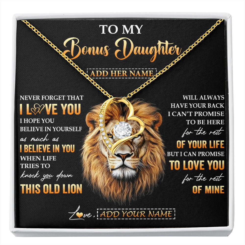 Forever Love Necklace 18K Yellow Gold Finish | 1 | Personalized To My Bonus Daughter Gifts From Stepdad Necklace Old Lion Love You Stepdaughter Birthday Gifts Graduation Christmas Custom Gift Box Message Card | siriusteestore.myshopify