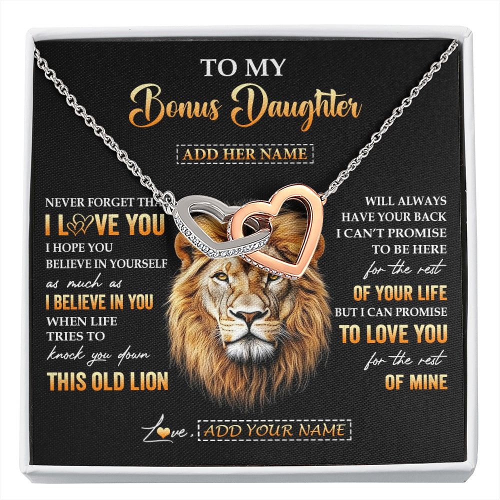 Interlocking Hearts Necklace Stainless Steel & Rose Gold Finish | 1 | Personalized To My Bonus Daughter Gifts From Stepdad Necklace Old Lion Love You Stepdaughter Birthday Gifts Graduation Christmas Custom Gift Box Message Card | siriusteestore.myshopify