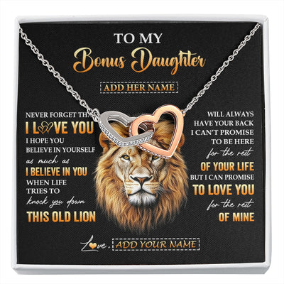 Interlocking Hearts Necklace Stainless Steel & Rose Gold Finish | 1 | Personalized To My Bonus Daughter Gifts From Stepdad Necklace Old Lion Love You Stepdaughter Birthday Gifts Graduation Christmas Custom Gift Box Message Card | siriusteestore.myshopify