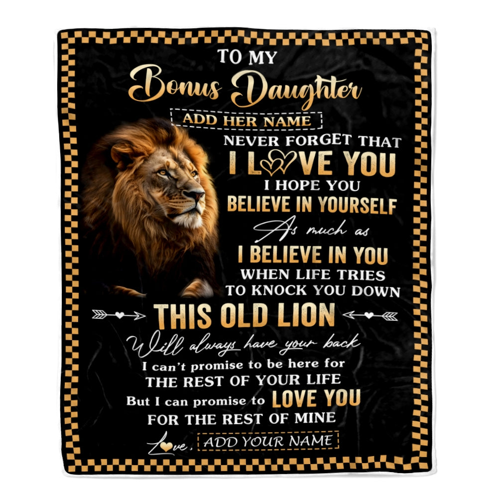 Personalized To My Bonus Daughter Gifts From Stepdad Stepmom Blanket Old Lion Love You Stepdaughter Birthday Gifts Graduation Christmas Fleece Throw Blanket | siriusteestore
