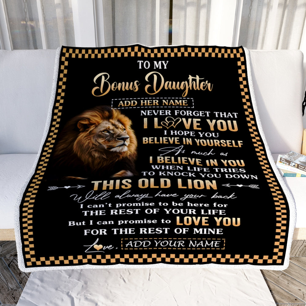 Personalized To My Bonus Daughter Gifts From Stepdad Stepmom Blanket Old Lion Love You Stepdaughter Birthday Gifts Graduation Christmas Fleece Throw Blanket | siriusteestore