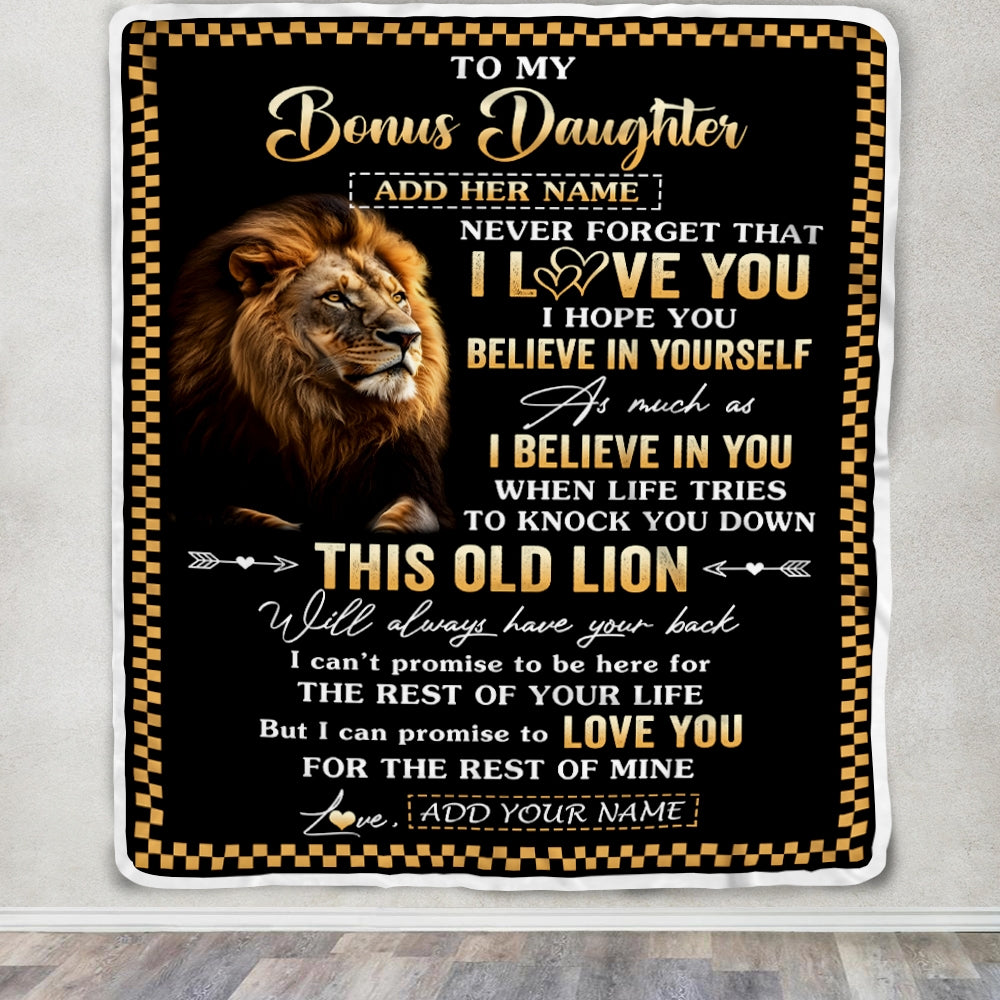 Personalized To My Bonus Daughter Gifts From Stepdad Stepmom Blanket Old Lion Love You Stepdaughter Birthday Gifts Graduation Christmas Fleece Throw Blanket | siriusteestore