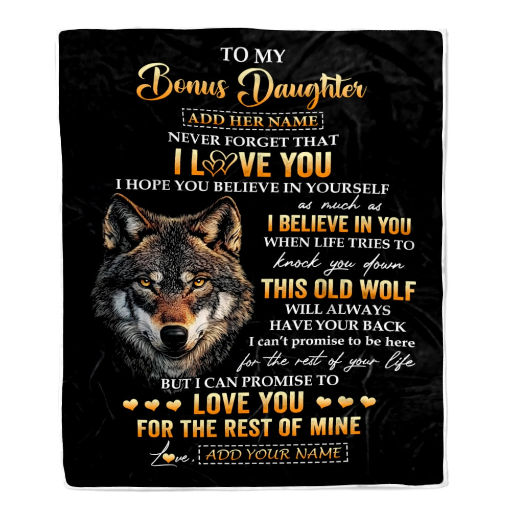 Personalized To My Bonus Daughter Gifts From Stepdad Stepmom Blanket Old Wolf Love You Stepdaughter Birthday Gifts Graduation Christmas Fleece Throw Blanket | siriusteestore
