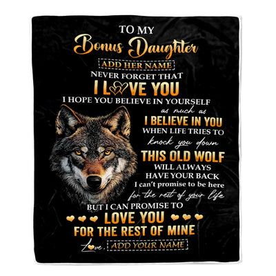 Personalized To My Bonus Daughter Gifts From Stepdad Stepmom Blanket Old Wolf Love You Stepdaughter Birthday Gifts Graduation Christmas Fleece Throw Blanket | siriusteestore