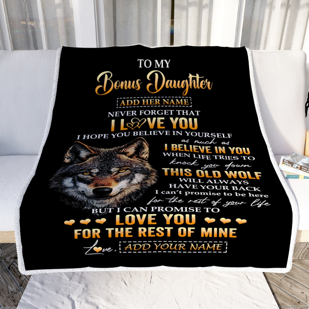 Personalized To My Bonus Daughter Gifts From Stepdad Stepmom Blanket Old Wolf Love You Stepdaughter Birthday Gifts Graduation Christmas Fleece Throw Blanket | siriusteestore