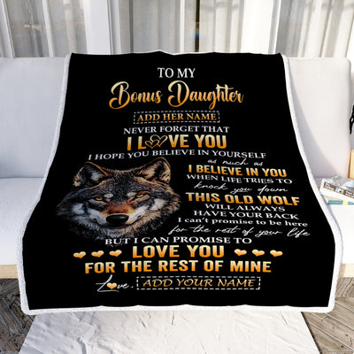 Personalized To My Bonus Daughter Gifts From Stepdad Stepmom Blanket Old Wolf Love You Stepdaughter Birthday Gifts Graduation Christmas Fleece Throw Blanket | siriusteestore