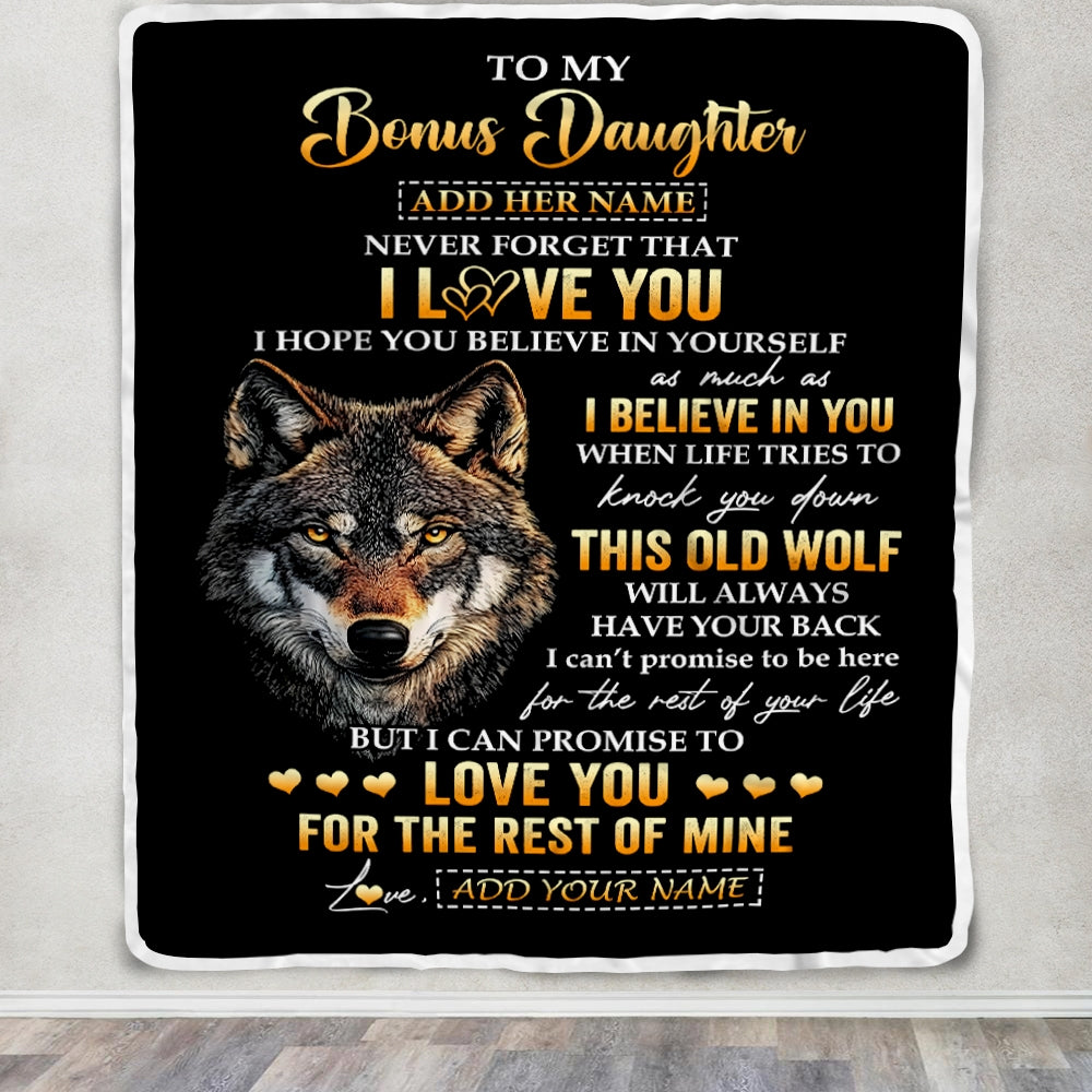 Personalized To My Bonus Daughter Gifts From Stepdad Stepmom Blanket Old Wolf Love You Stepdaughter Birthday Gifts Graduation Christmas Fleece Throw Blanket | siriusteestore