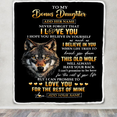 Personalized To My Bonus Daughter Gifts From Stepdad Stepmom Blanket Old Wolf Love You Stepdaughter Birthday Gifts Graduation Christmas Fleece Throw Blanket | siriusteestore