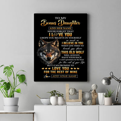 Personalized To My Bonus Daughter Gifts From Stepdad Stepmom Canvas Old Wolf Love You Stepdaughter Birthday Gifts Graduation Christmas Custom Print Framed Canvas | siriusteestore