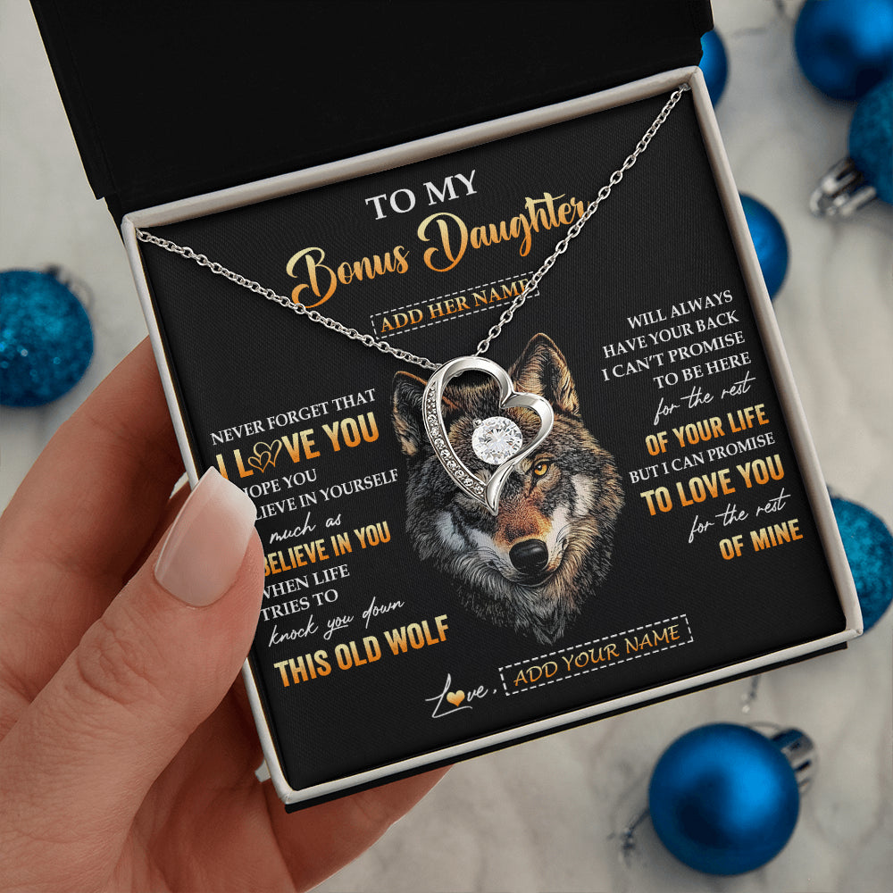 Forever Love Necklace 14K White Gold Finish | 2 | Personalized To My Bonus Daughter Gifts From Stepdad Stepmom Necklace Old Wolf Love You Stepdaughter Birthday Gifts Graduation Christmas Gift Box Message Card | siriusteestore