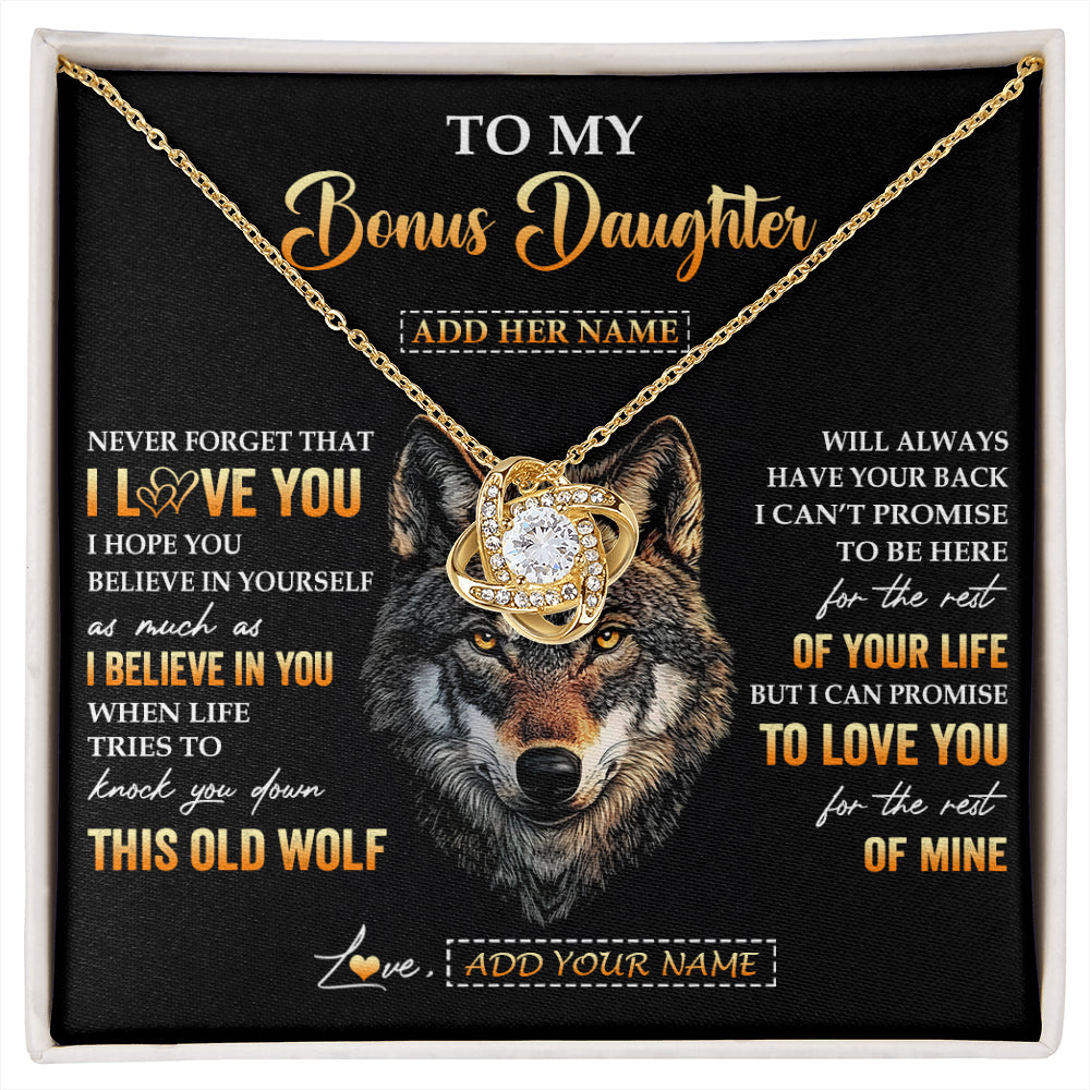 Love Knot Necklace 18K Yellow Gold Finish | 1 | Personalized To My Bonus Daughter Gifts From Stepdad Stepmom Necklace Old Wolf Love You Stepdaughter Birthday Gifts Graduation Christmas Gift Box Message Card | siriusteestore