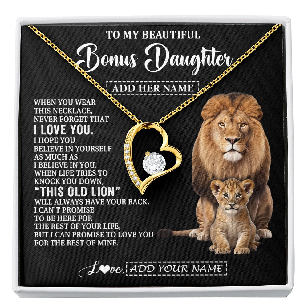 Forever Love Necklace 18K Yellow Gold Finish | 1 | Personalized To My Bonus Daughter Gifts From Stepfather Necklace This Old Lion Love You Stepdaughter Birthday Gifts Christmas Customized Gift Box Message Card | https://siriusteestore.