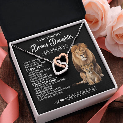 Interlocking Hearts Necklace Stainless Steel & Rose Gold Finish | 2 | Personalized To My Bonus Daughter Gifts From Stepfather Necklace This Old Lion Love You Stepdaughter Birthday Gifts Christmas Customized Gift Box Message Card | https://siriusteestore.