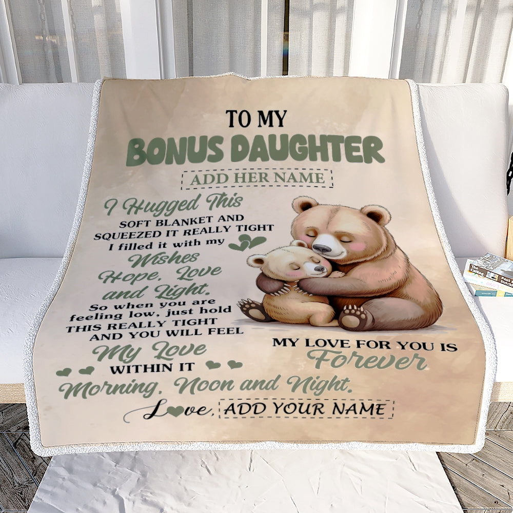 Personalized To My Bonus Daughter Gifts From Stepmom Blanket Bear Letter I Hugged This Gifts For Stepdaughter Birthday Graduation Christmas Fleece Blanket | siriusteestore