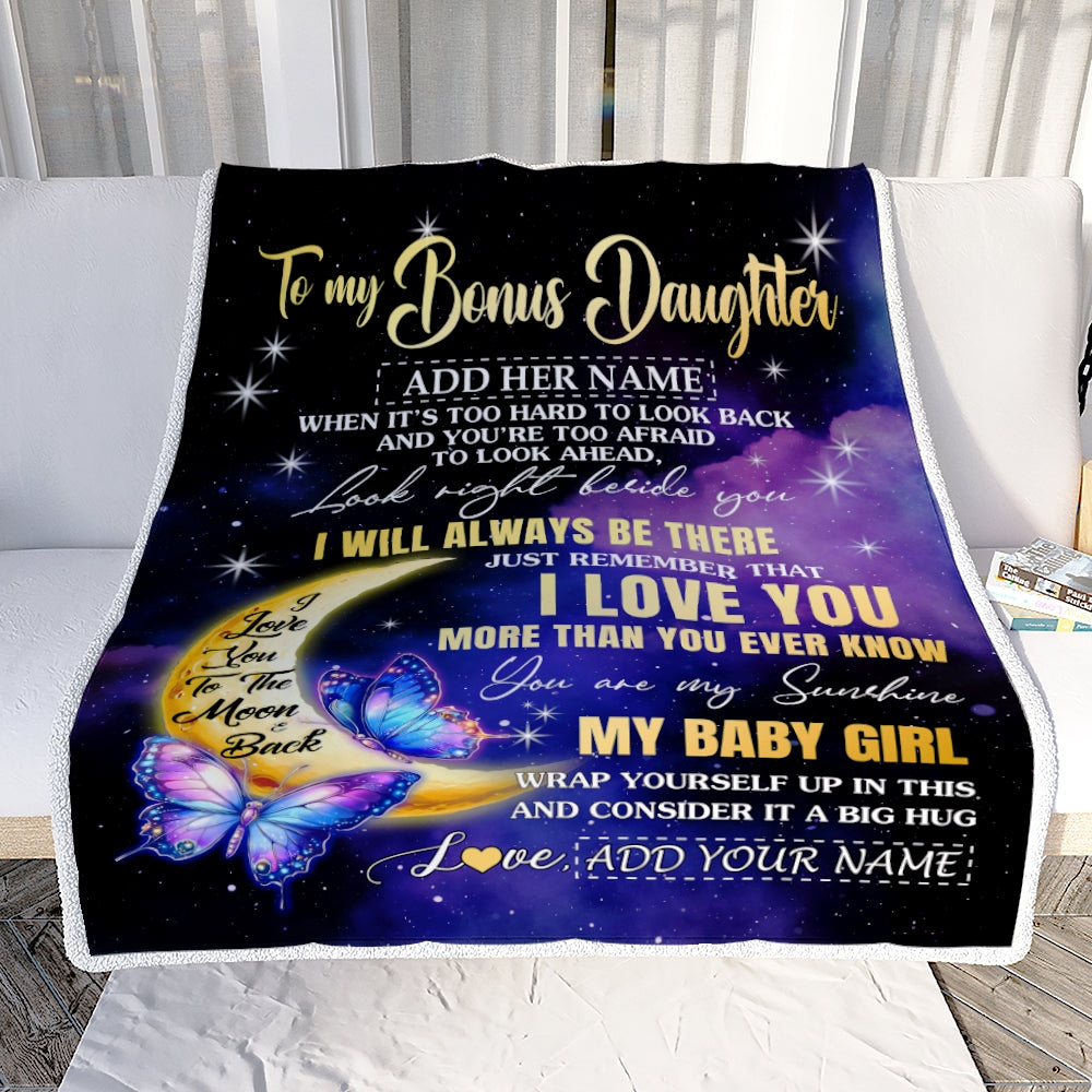 Personalized To My Bonus Daughter Gifts From Stepmom Blanket Butterfly I Love You Valentines Gifts For Stepdaughter Birthday Christmas Custom Fleece Blanket | siriusteestore