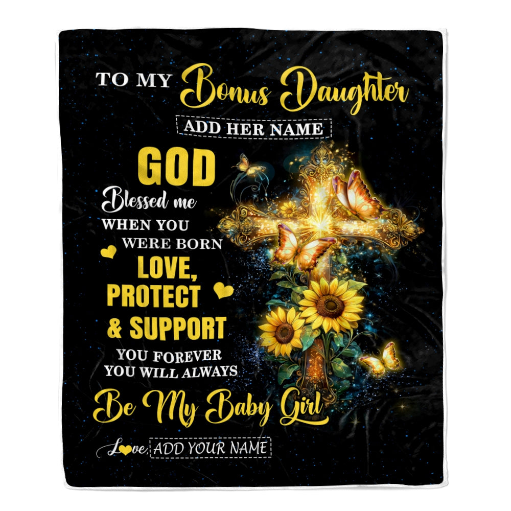 Personalized To My Bonus Daughter Gifts From Stepmom Blanket Cross Sunflower Christian Blessed Stepdaughter Birthday Gift Graduation Christmas Fleece Blanket | siriusteestore