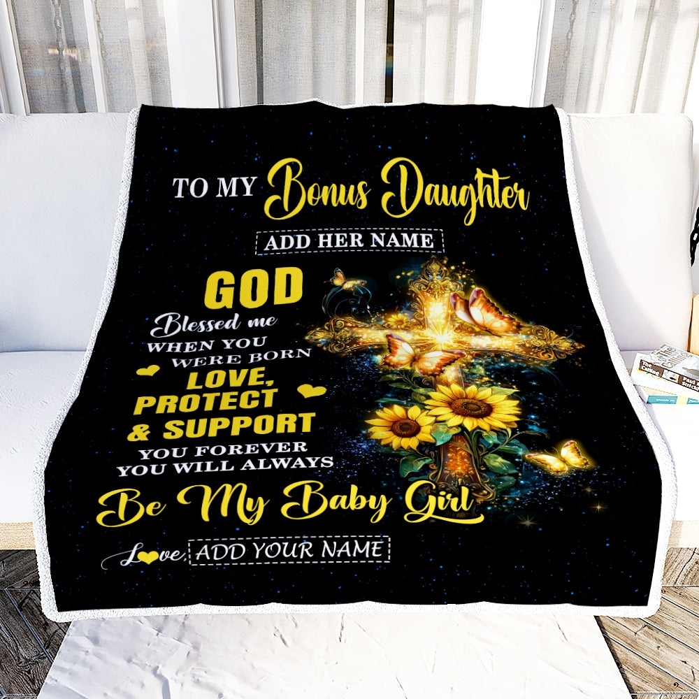 Personalized To My Bonus Daughter Gifts From Stepmom Blanket Cross Sunflower Christian Blessed Stepdaughter Birthday Gift Graduation Christmas Fleece Blanket | siriusteestore