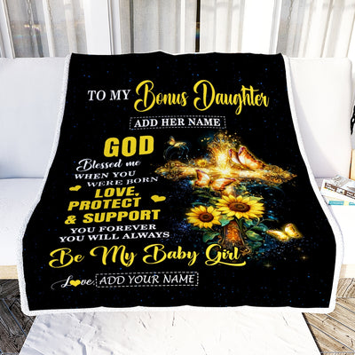 Personalized To My Bonus Daughter Gifts From Stepmom Blanket Cross Sunflower Christian Blessed Stepdaughter Birthday Gift Graduation Christmas Fleece Blanket | siriusteestore