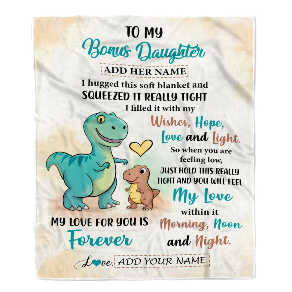Personalized To My Bonus Daughter Gifts From Stepmom Blanket Dinosaur Letter I Hugged This Gifts For Stepdaughter Birthday Graduation Christmas Fleece Blanket | siriusteestore