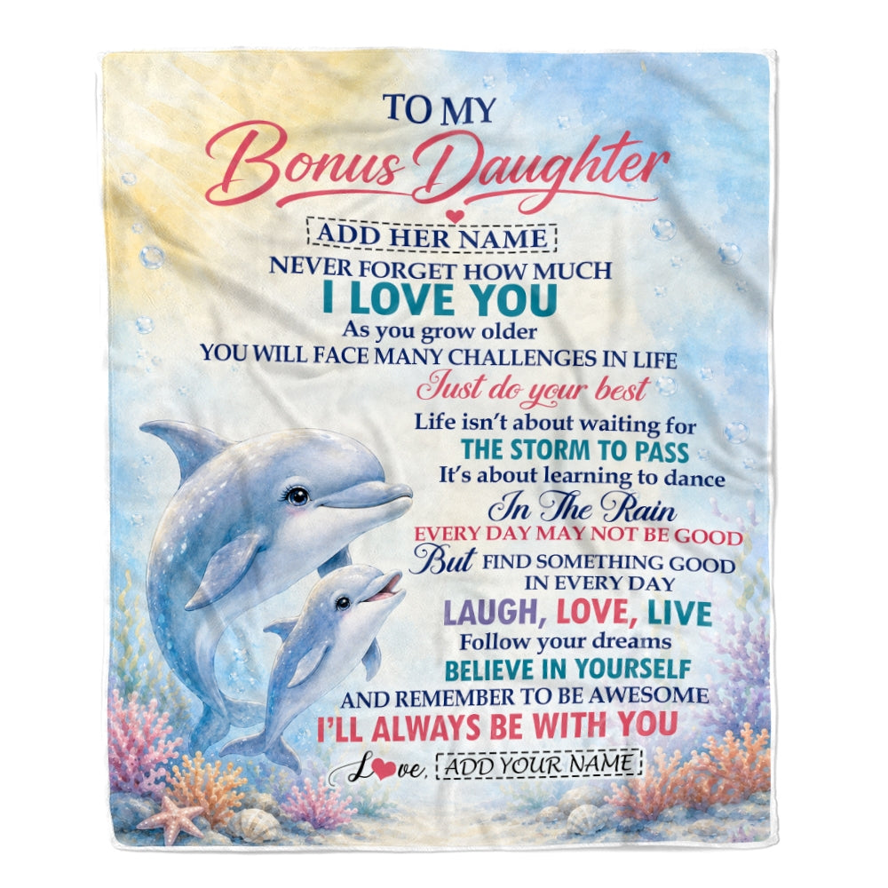 Personalized To My Bonus Daughter Gifts From Stepmom Blanket Dolphin Ocean Love Message Birthday Christmas Gift For Stepdaughter Custom Fleece Throw Blanket | siriusteestore