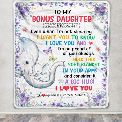 Personalized To My Bonus Daughter Gifts From Stepmom Blanket Elephant Love You Stepdaughter Birthday Gift Valentines Graduation Christmas Fleece Throw Blanket | siriusteestore