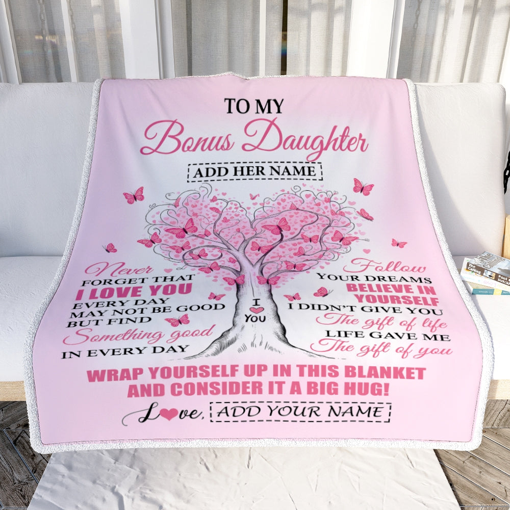 Personalized To My Bonus Daughter Gifts From Stepmom Blanket Heart Tree Butterfly Believe In Yourself Birthday Gifts For Stepdaughter Christmas Fleece Blanket | siriusteestore
