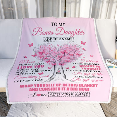 Personalized To My Bonus Daughter Gifts From Stepmom Blanket Heart Tree Butterfly Believe In Yourself Birthday Gifts For Stepdaughter Christmas Fleece Blanket | siriusteestore