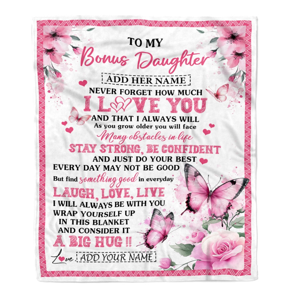 Personalized To My Bonus Daughter Gifts From Stepmom Blanket I Love You Butterfly Birthday Gifts For Stepdaughter Graduation Christmas Fleece Throw Blanket | siriusteestore