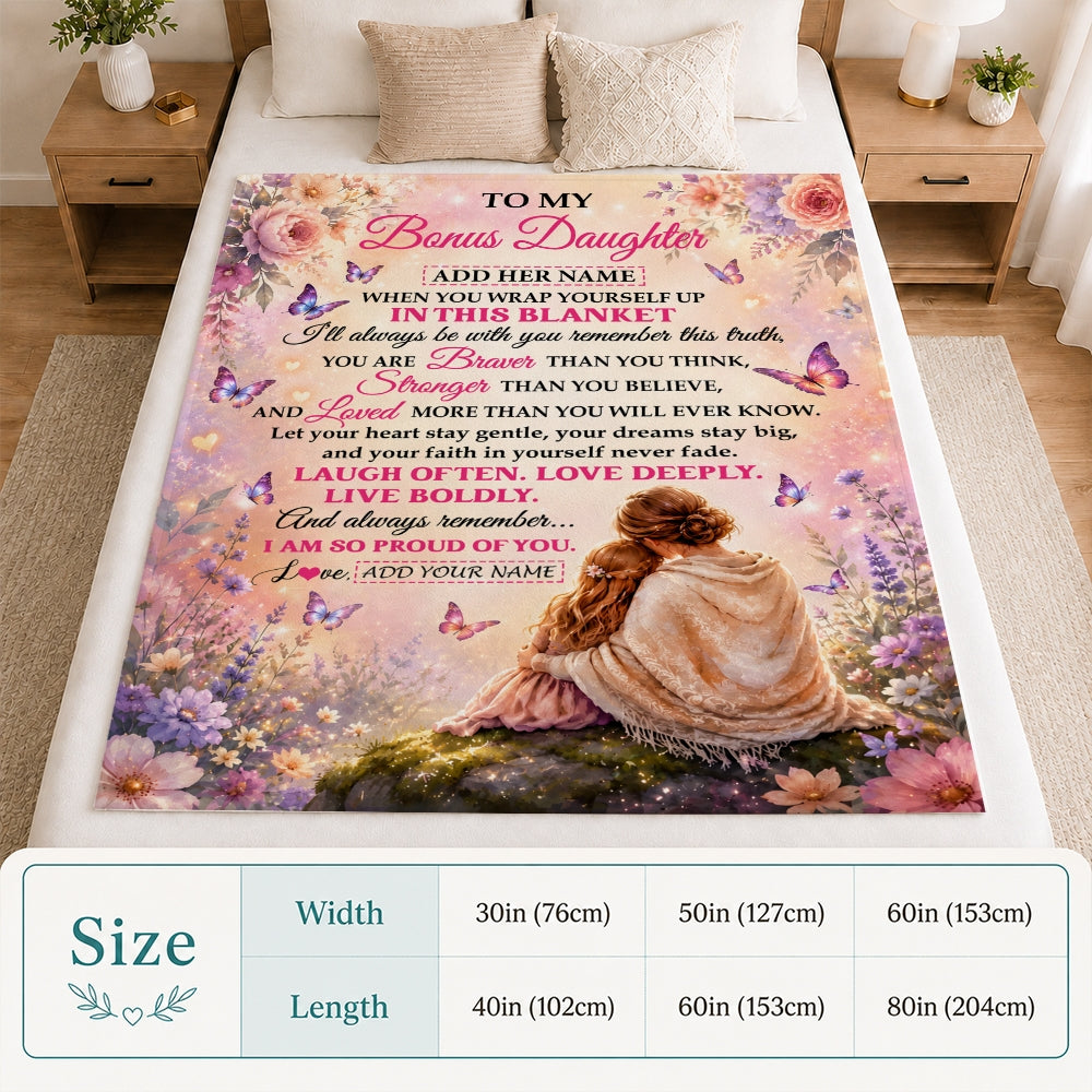 Personalized To My Bonus Daughter Gifts From Stepmom Blanket Inspirational Message Purple Butterfly Birthday Gifts For Stepdaughter Christmas Fleece Blanket | siriusteestore