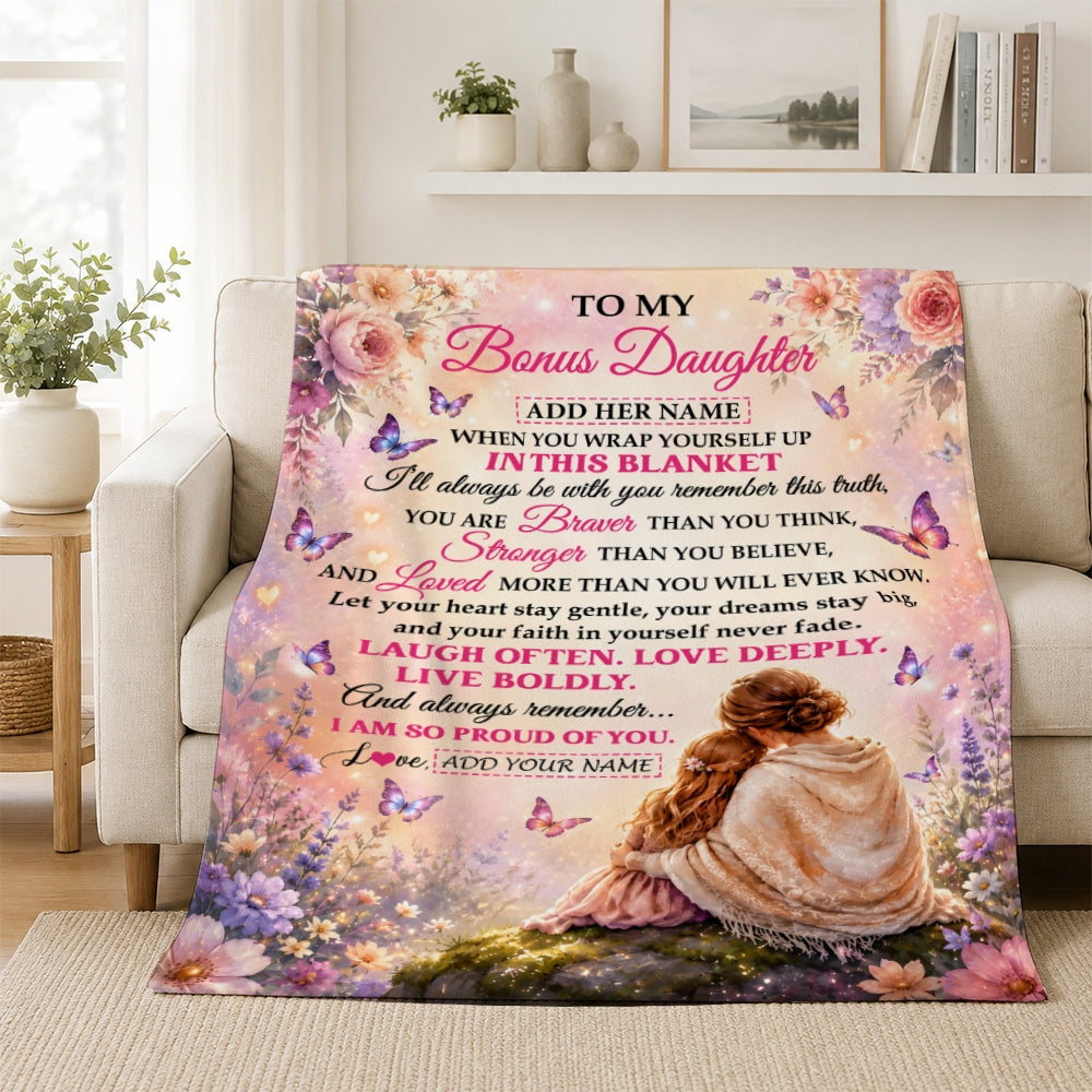 Personalized To My Bonus Daughter Gifts From Stepmom Blanket Inspirational Message Purple Butterfly Birthday Gifts For Stepdaughter Christmas Fleece Blanket | siriusteestore