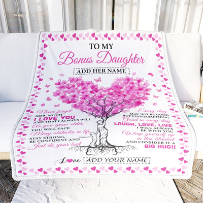 Personalized To My Bonus Daughter Gifts From Stepmom Blanket Pink Heart Tree I Love You Custom Birthday Gifts For Stepdaughter Christmas Fleece Blanket | siriusteestore