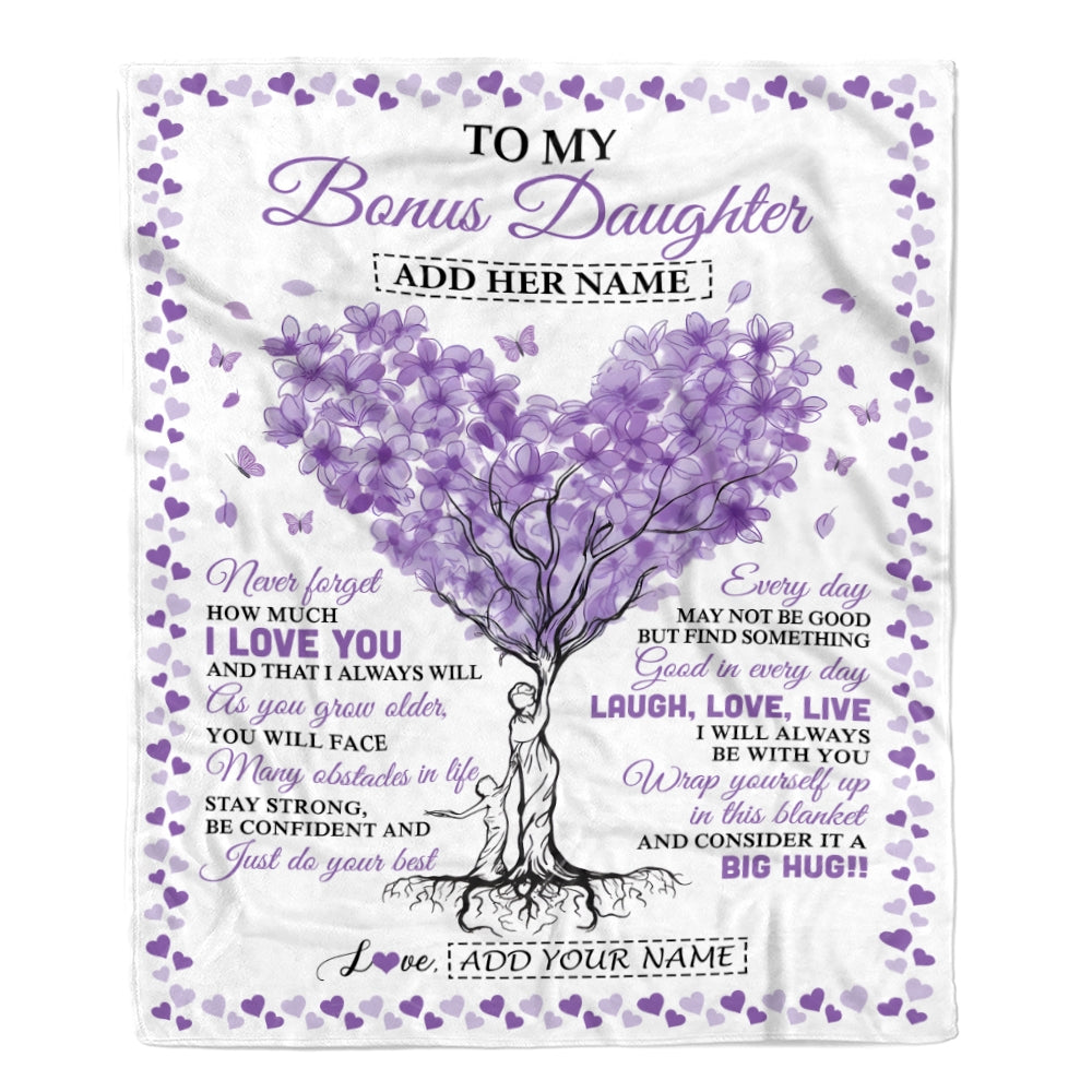 Personalized To My Bonus Daughter Gifts From Stepmom Blanket Purple Heart Tree I Love You Custom Birthday Gifts For Stepdaughter Christmas Fleece Blanket | siriusteestore
