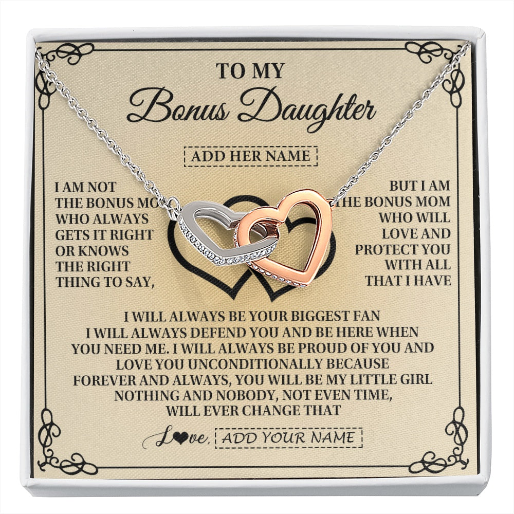 Interlocking Hearts Necklace Stainless Steel & Rose Gold Finish | 1 | Personalized To My Bonus Daughter Gifts From Stepmom Bonus Daughter Birthday Gifts Jewelry Women Stepdaughter Pendant Necklace Christmas Gift Box Message Card | https://siriusteestore.