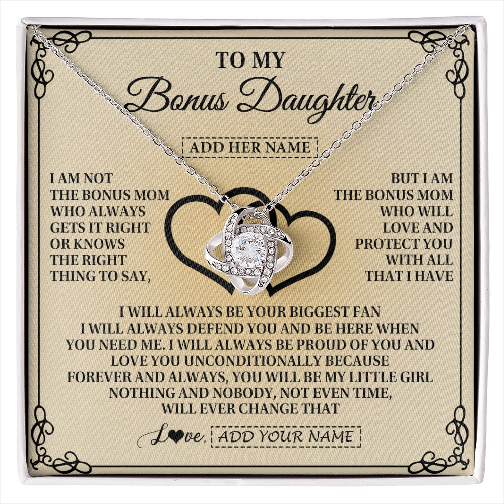 Love Knot Necklace 14K White Gold Finish | 1 | Personalized To My Bonus Daughter Gifts From Stepmom Bonus Daughter Birthday Gifts Jewelry Women Stepdaughter Pendant Necklace Christmas Gift Box Message Card | https://siriusteestore.