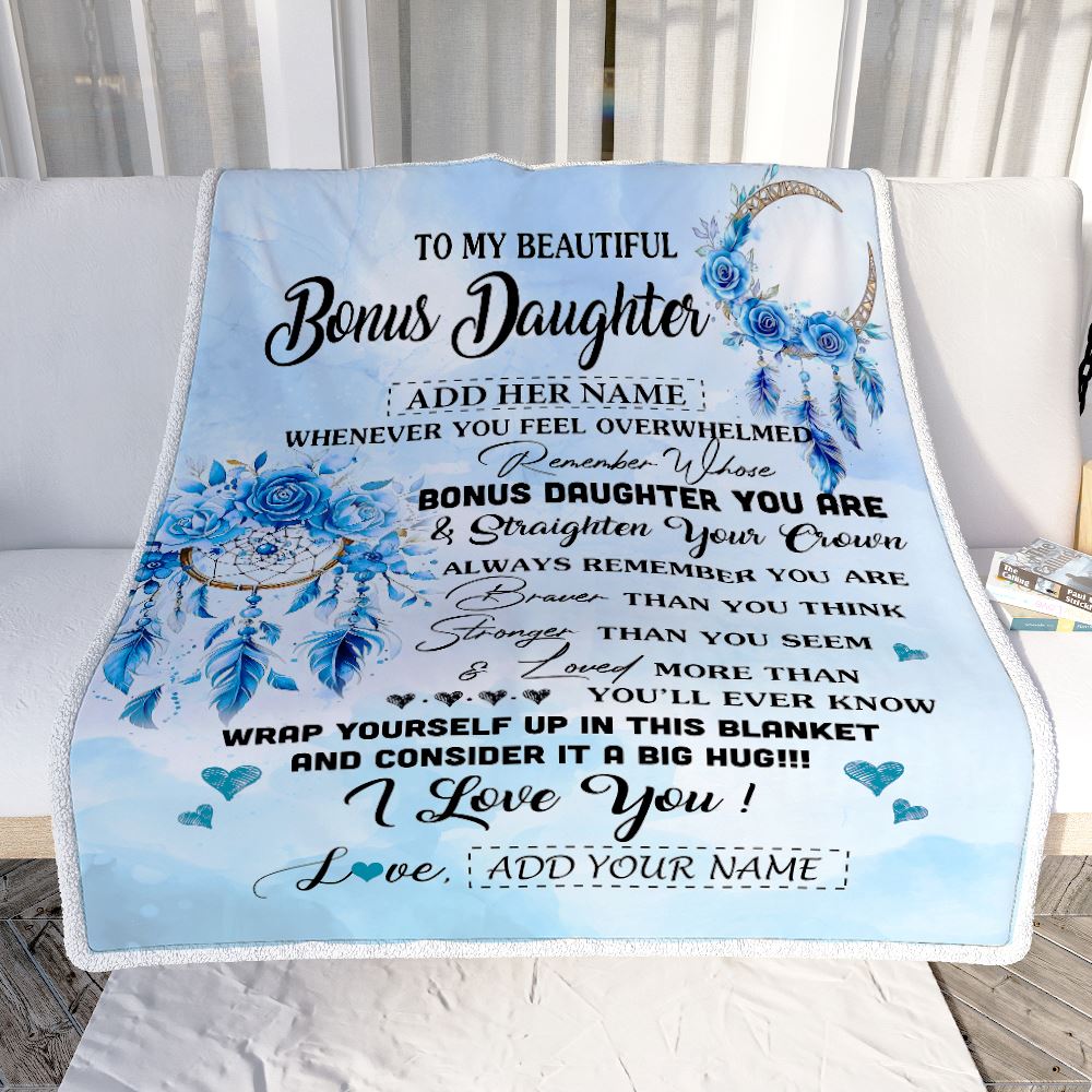 Personalized To My Bonus Daughter Gifts From Stepmom Bonus Daughter Blanket Dream Catcher Blue Stepdaughter Birthday Gifts Graduation Christmas Fleece Blanket | siriusteestore
