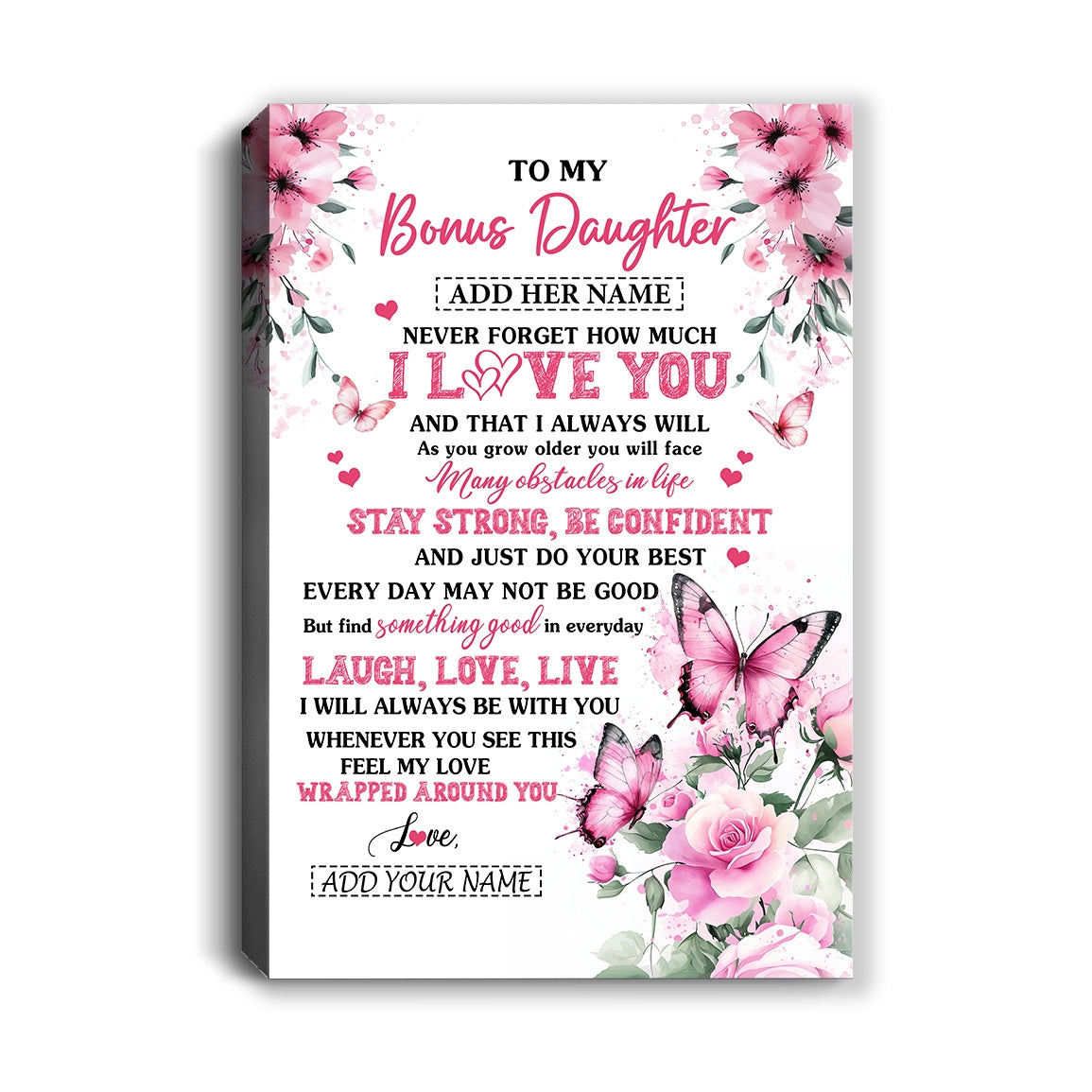 Personalized To My Bonus Daughter Gifts From Stepmom Canvas I Love You Butterfly Birthday Gifts For Stepdaughter Graduation Christmas Custom Wall Art Framed Canvas | siriusteestore