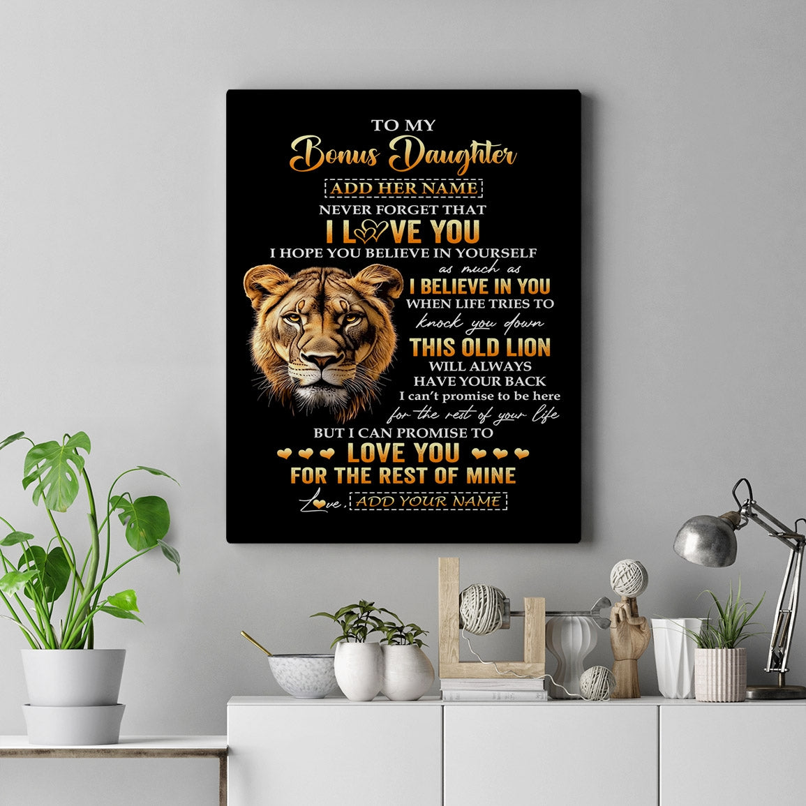 Personalized To My Bonus Daughter Gifts From Stepmom Canvas Old Lion Love You Stepdaughter Birthday Gifts Graduation Christmas Custom Wall Art Print Framed Canvas | siriusteestore