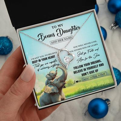 Forever Love Necklace 14K White Gold Finish | 2 | Personalized To My Bonus Daughter Gifts From Stepmom Necklace Don't Give Up Elephant Gifts For Stepdaughter Birthday Graduation Christmas Gift Box Message Card | https://siriusteestore.
