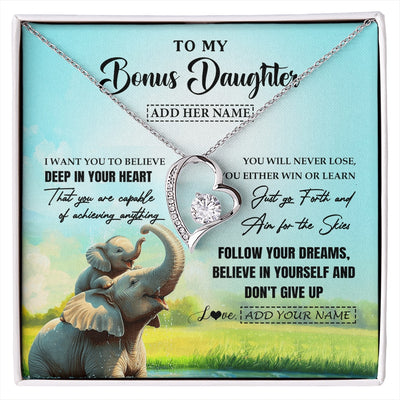 Forever Love Necklace 14K White Gold Finish | 1 | Personalized To My Bonus Daughter Gifts From Stepmom Necklace Don't Give Up Elephant Gifts For Stepdaughter Birthday Graduation Christmas Gift Box Message Card | https://siriusteestore.