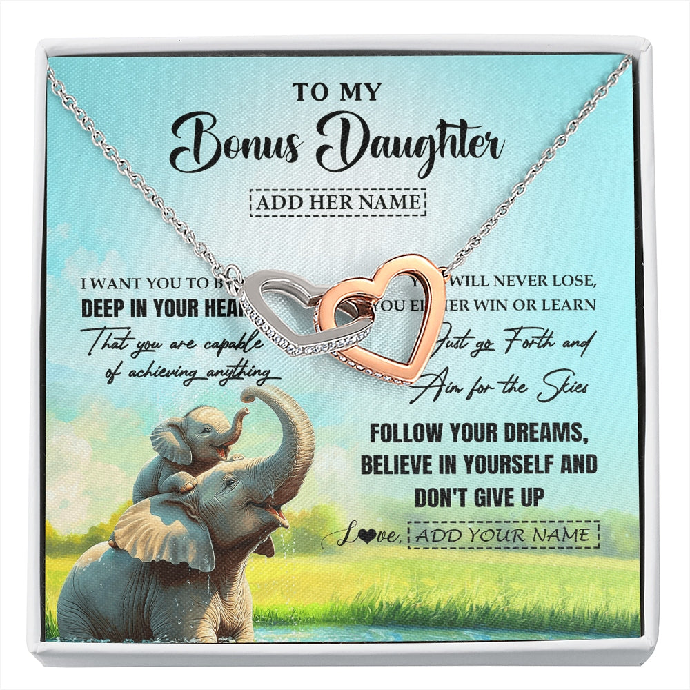 Interlocking Hearts Necklace Stainless Steel & Rose Gold Finish | 1 | Personalized To My Bonus Daughter Gifts From Stepmom Necklace Don't Give Up Elephant Gifts For Stepdaughter Birthday Graduation Christmas Gift Box Message Card | https://siriusteestore.