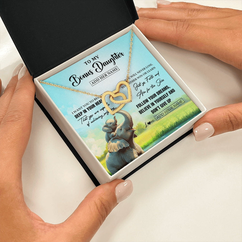 Interlocking Hearts Necklace 18K Yellow Gold Finish | 2 | Personalized To My Bonus Daughter Gifts From Stepmom Necklace Don't Give Up Elephant Gifts For Stepdaughter Birthday Graduation Christmas Gift Box Message Card | https://siriusteestore.