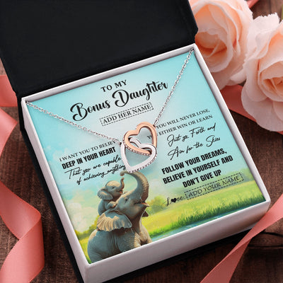 Interlocking Hearts Necklace Stainless Steel & Rose Gold Finish | 2 | Personalized To My Bonus Daughter Gifts From Stepmom Necklace Don't Give Up Elephant Gifts For Stepdaughter Birthday Graduation Christmas Gift Box Message Card | https://siriusteestore.