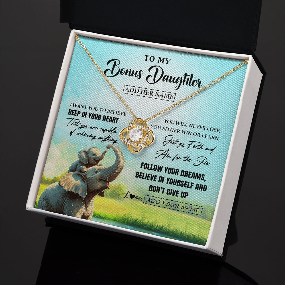 Love Knot Necklace 18K Yellow Gold Finish | 2 | Personalized To My Bonus Daughter Gifts From Stepmom Necklace Don't Give Up Elephant Gifts For Stepdaughter Birthday Graduation Christmas Gift Box Message Card | https://siriusteestore.