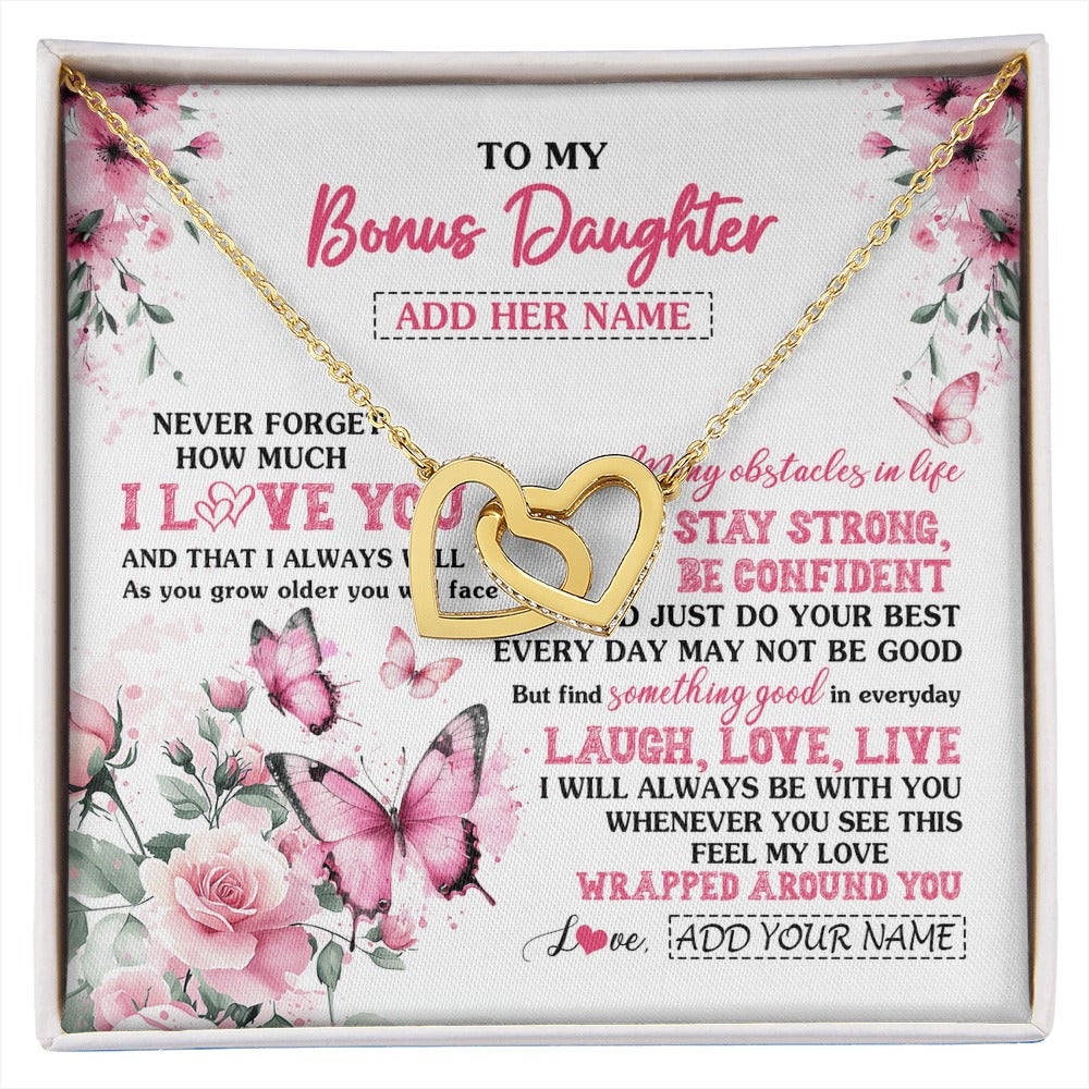 Interlocking Hearts Necklace 18K Yellow Gold Finish | 1 | Personalized To My Bonus Daughter Gifts From Stepmom Necklace I Love You Butterfly Birthday Gifts For Stepdaughter Christmas Custom Gift Box Message Card | https://siriusteestore.