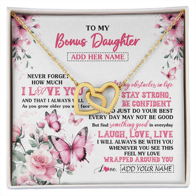 Interlocking Hearts Necklace 18K Yellow Gold Finish | 1 | Personalized To My Bonus Daughter Gifts From Stepmom Necklace I Love You Butterfly Birthday Gifts For Stepdaughter Christmas Custom Gift Box Message Card | https://siriusteestore.