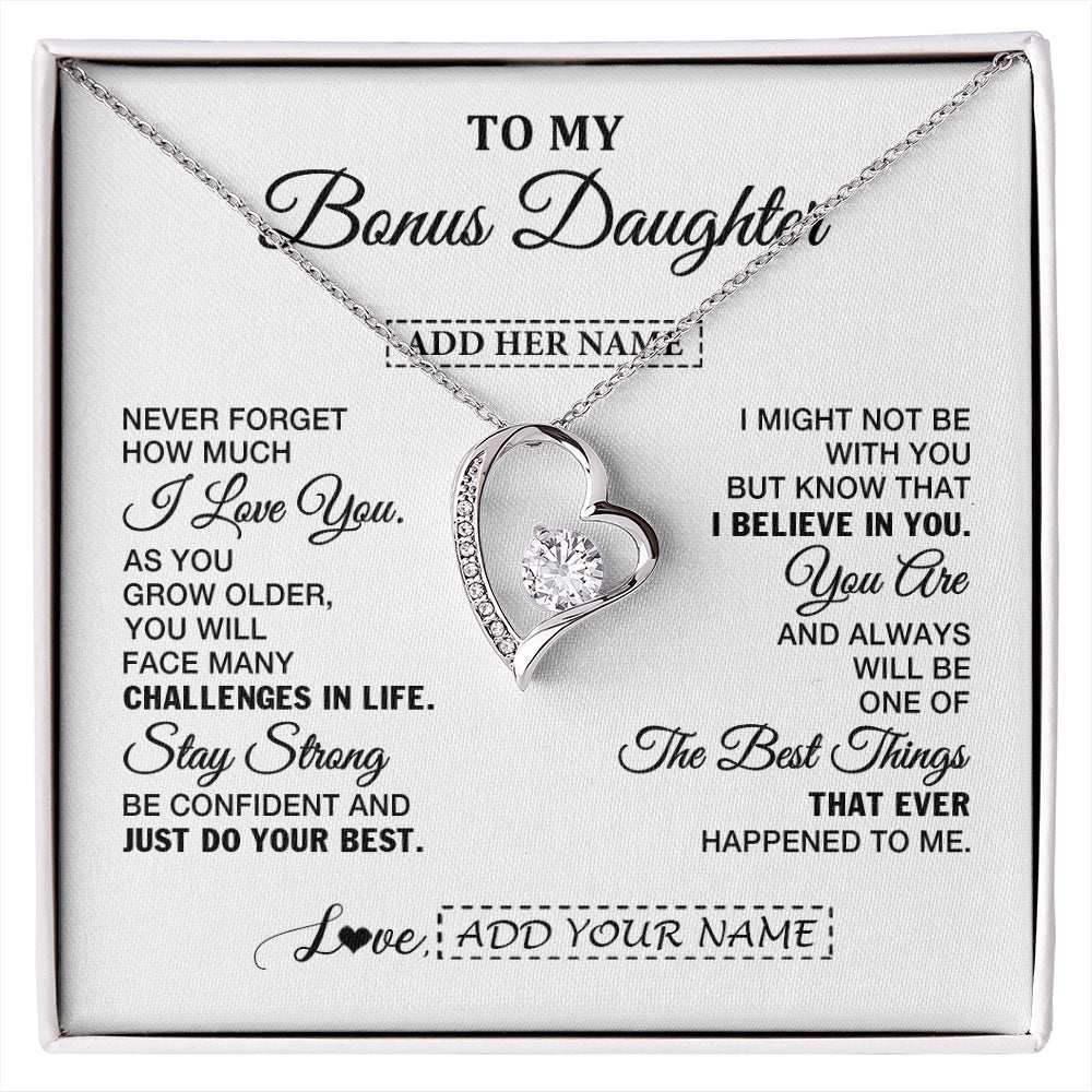 Forever Love Necklace 14K White Gold Finish | 1 | Personalized To My Bonus Daughter Gifts From Stepmom Necklace I Love You Thoughtful Keepsake Gift Stepdaughter Birthday Christmas Custom Gift Box Message Card | https://siriusteestore.