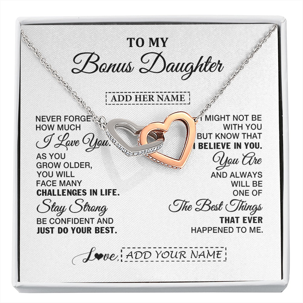 Interlocking Hearts Necklace Stainless Steel & Rose Gold Finish | 1 | Personalized To My Bonus Daughter Gifts From Stepmom Necklace I Love You Thoughtful Keepsake Gift Stepdaughter Birthday Christmas Custom Gift Box Message Card | https://siriusteestore.