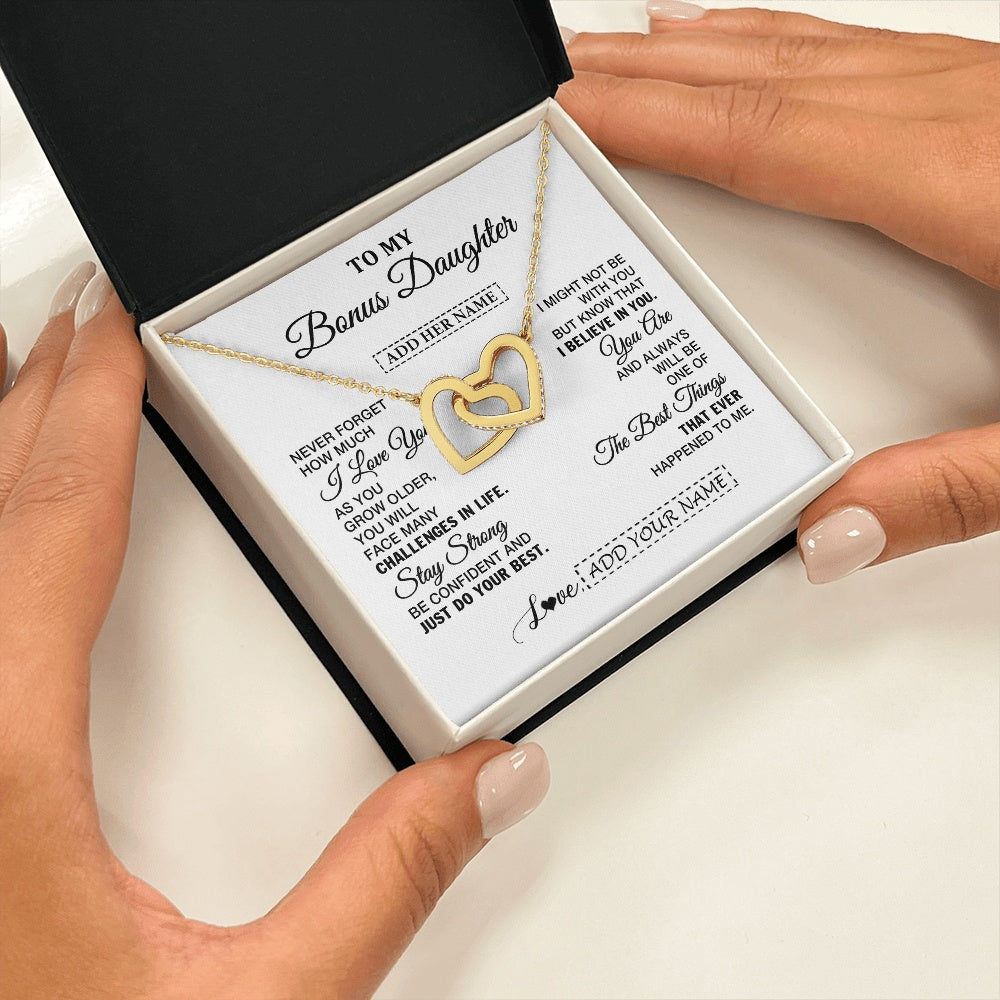 Interlocking Hearts Necklace 18K Yellow Gold Finish | 2 | Personalized To My Bonus Daughter Gifts From Stepmom Necklace I Love You Thoughtful Keepsake Gift Stepdaughter Birthday Christmas Custom Gift Box Message Card | https://siriusteestore.