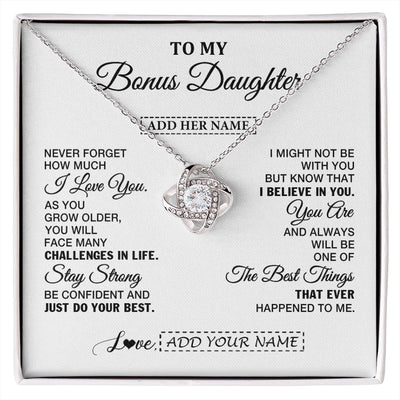 Love Knot Necklace 14K White Gold Finish | 1 | Personalized To My Bonus Daughter Gifts From Stepmom Necklace I Love You Thoughtful Keepsake Gift Stepdaughter Birthday Christmas Custom Gift Box Message Card | https://siriusteestore.