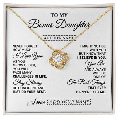 Love Knot Necklace 18K Yellow Gold Finish | 1 | Personalized To My Bonus Daughter Gifts From Stepmom Necklace I Love You Thoughtful Keepsake Gift Stepdaughter Birthday Christmas Custom Gift Box Message Card | https://siriusteestore.